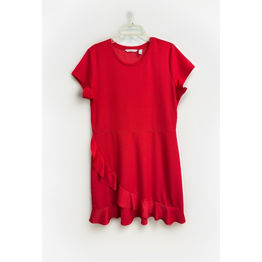 Isaac Mizrahi Dress Women's Large Red Crepe Ruffle Bottom Short Sleeve Stretch